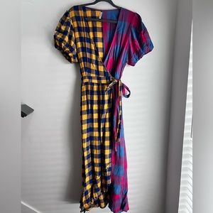 UO Anna linen mixed plaid/gingham midi wrap dress